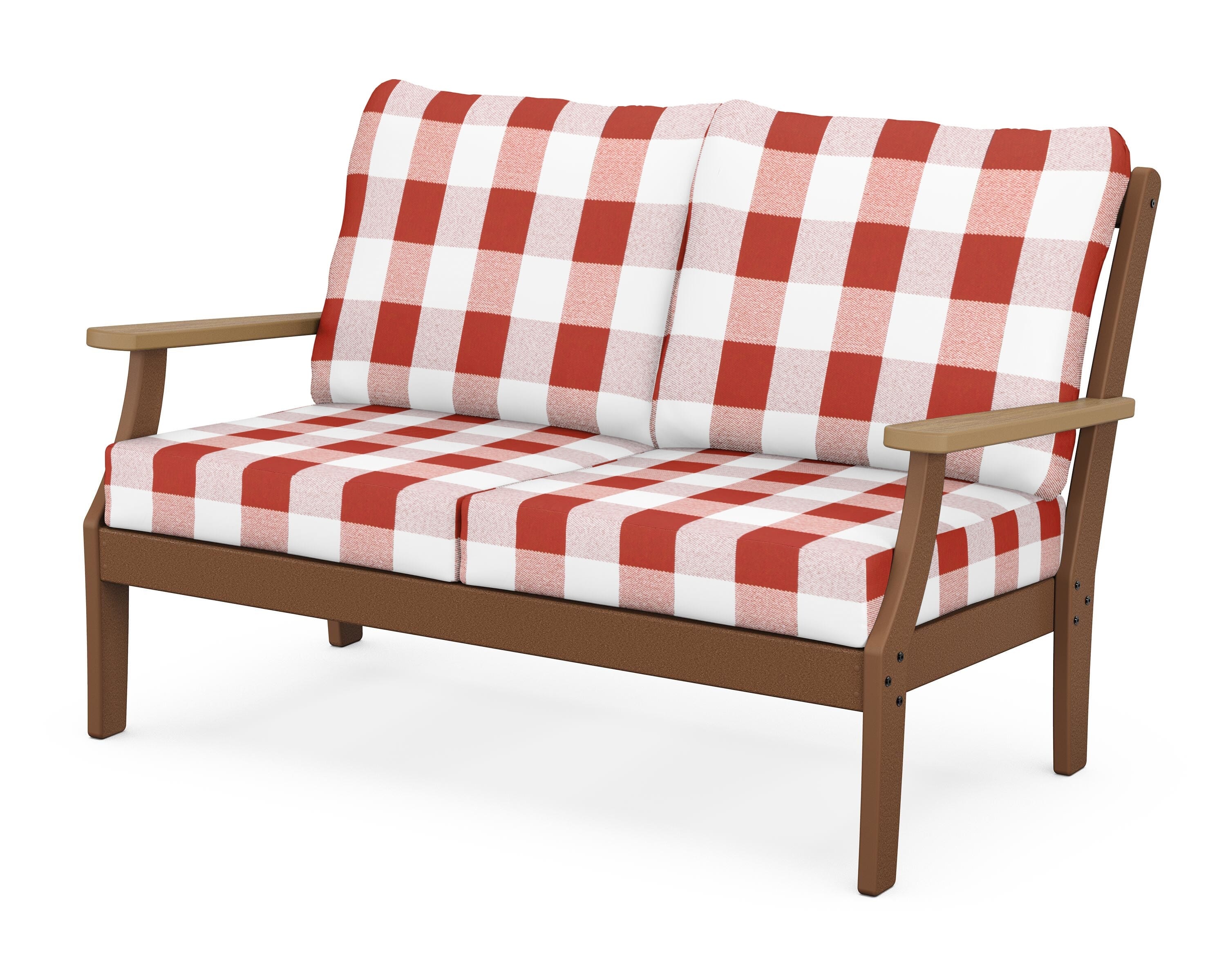 POLYWOOD® Braxton Deep Seating Loveseat in Teak / Natural / Buffalo Plaid Crimson