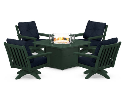 POLYWOOD® Vineyard 5-Piece Deep Seating Swivel Conversation Set with Fire Pit Table in Green / Marine Indigo