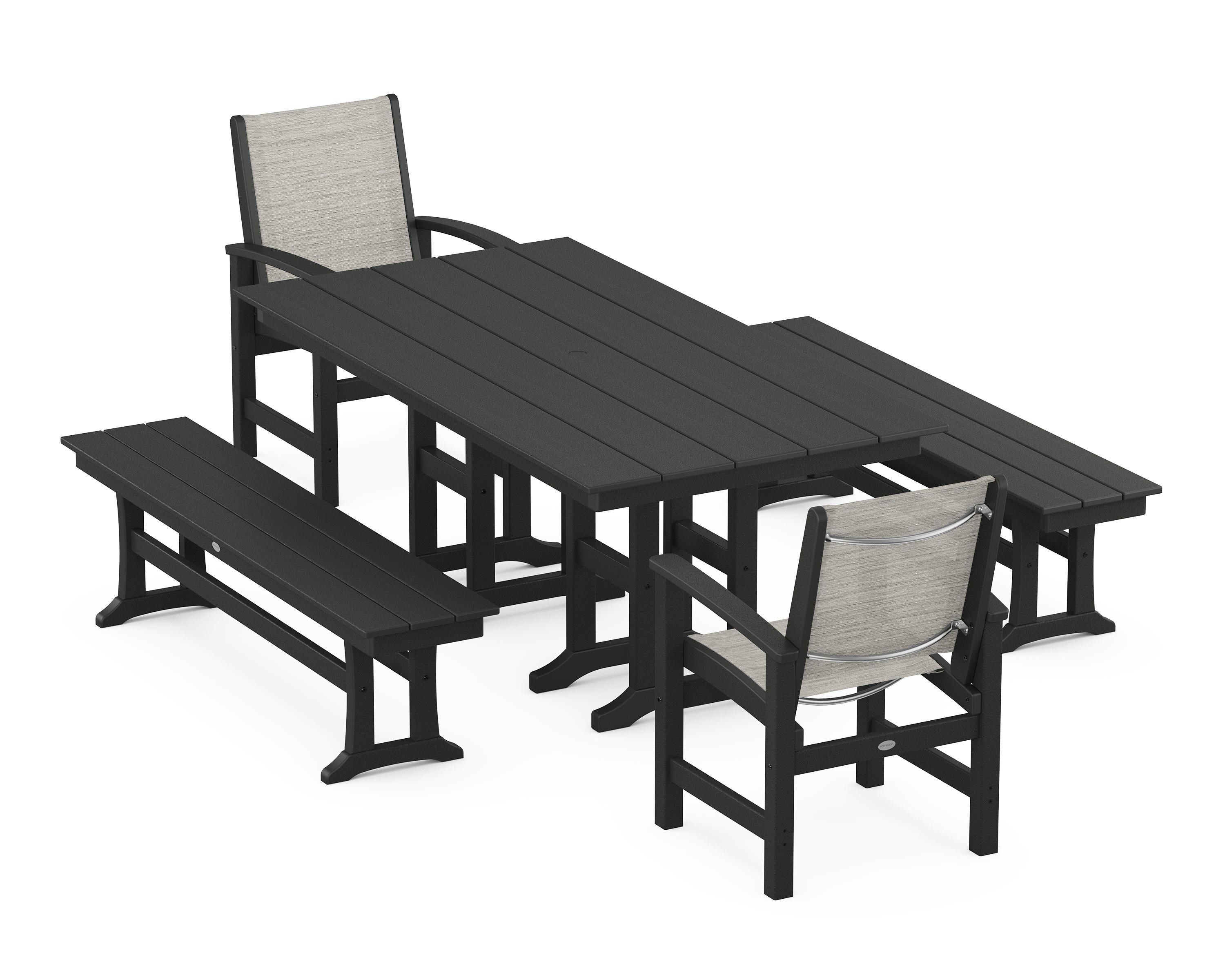 POLYWOOD® Coastal 5-Piece Farmhouse Dining Set in Black / Birch Sling