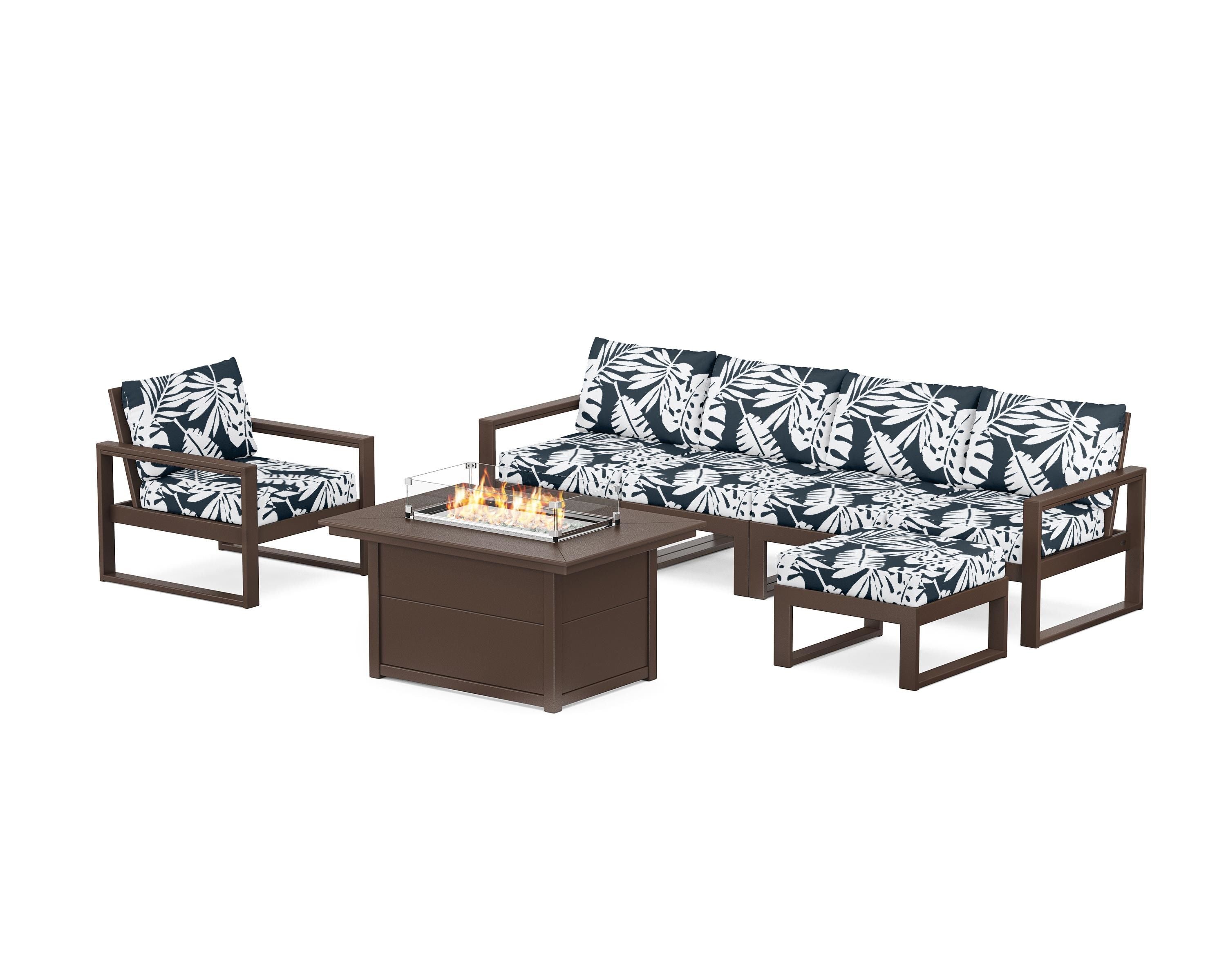 POLYWOOD® EDGE Sectional Lounge and Fire Pit Set in Mahogany / Leaf Marine Indigo