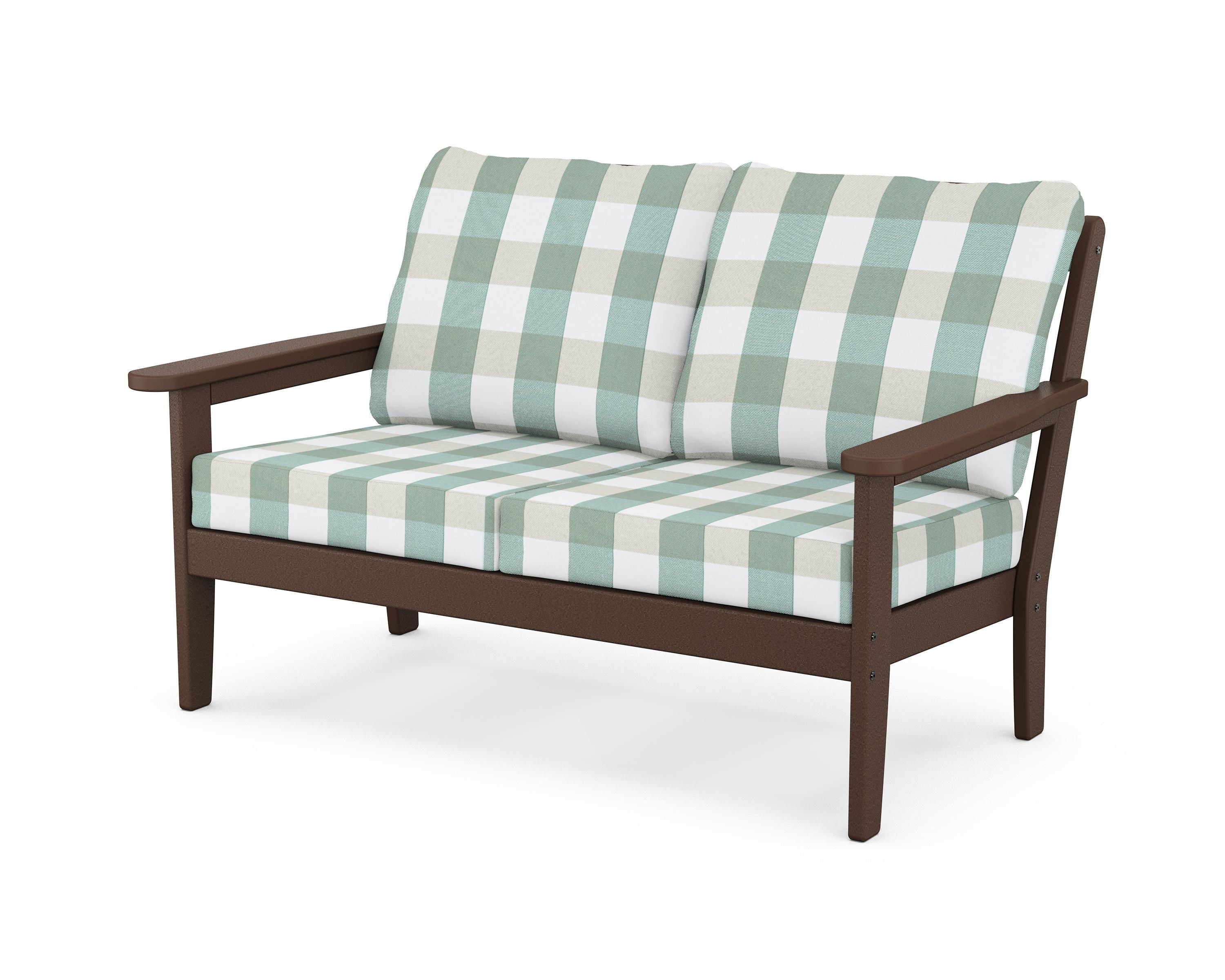 Country Living Cottage Deep Seating Loveseat in Mahogany / Buffalo Plaid Glacier Spa