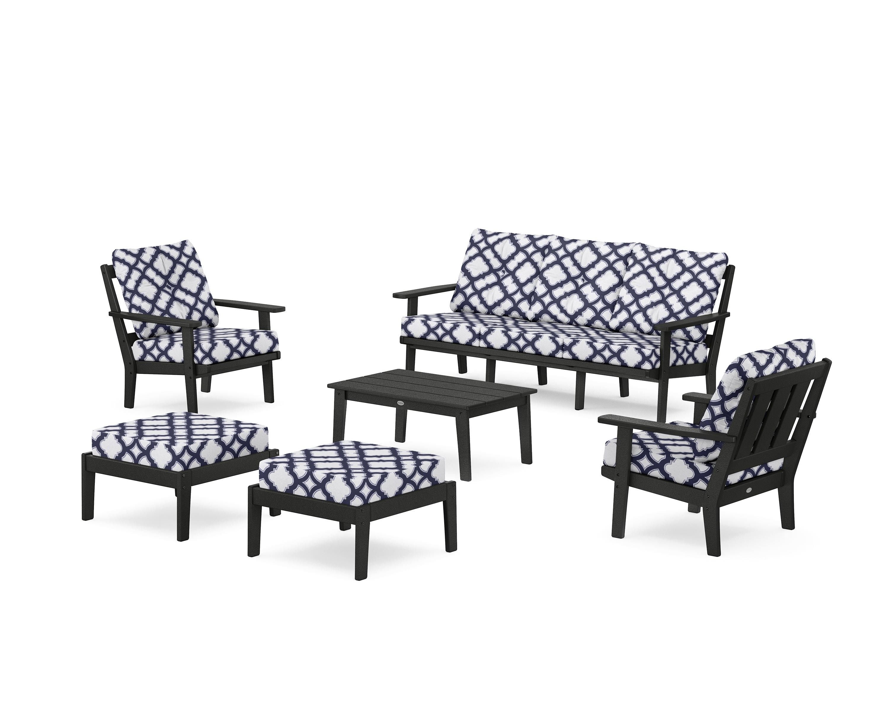 POLYWOOD® Oxford 6-Piece Lounge Sofa Set in Black / Trellis Navy