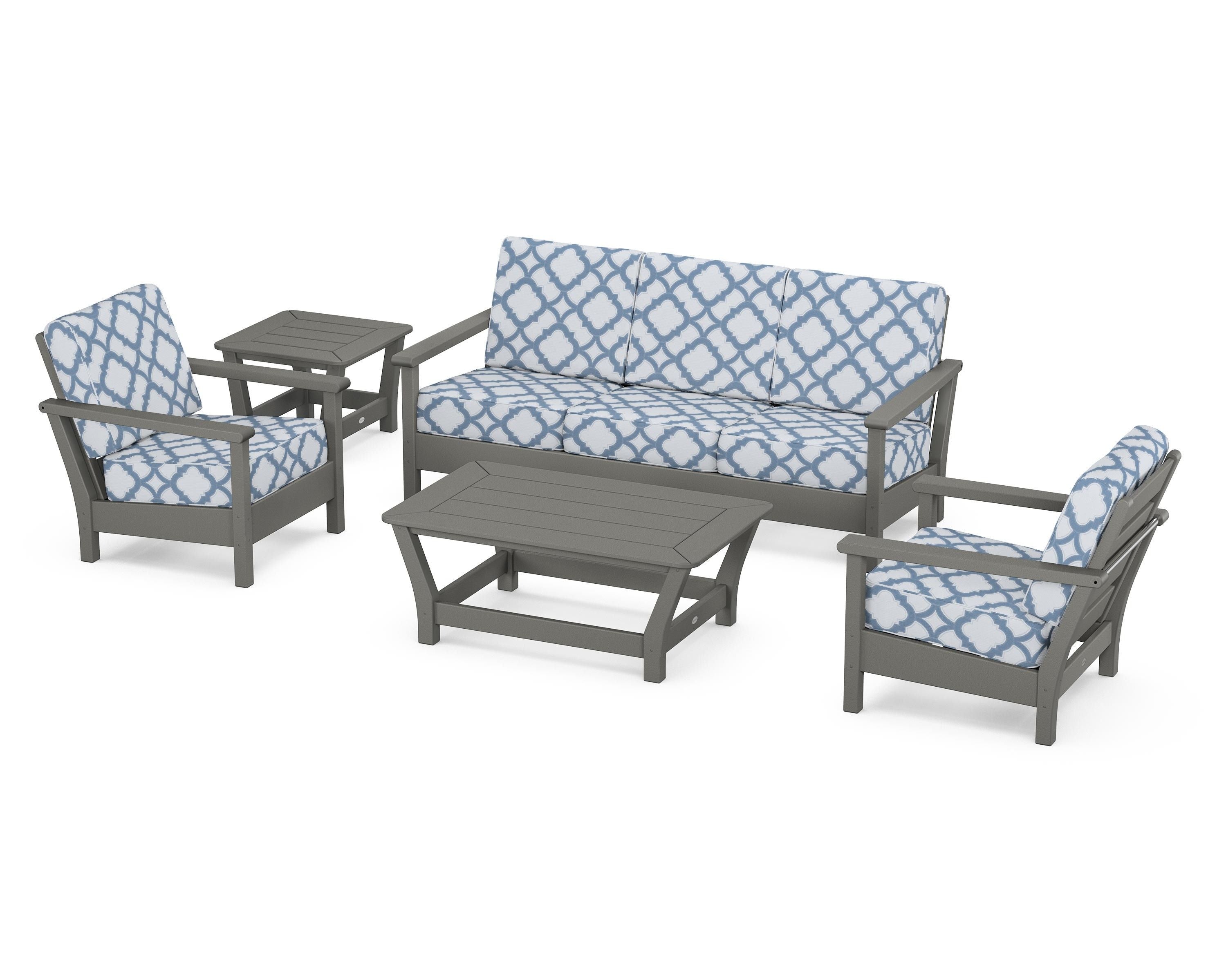 POLYWOOD® Harbour 5-Piece Deep Seating Set in Slate Grey / Trellis Sky Blue