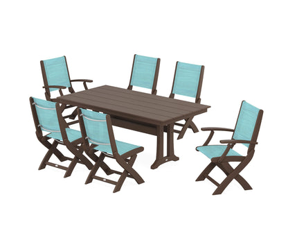 POLYWOOD® Coastal Folding Chair 7-Piece Farmhouse Dining Set with Trestle Legs in Mahogany / Dupioni Aquamarine Sling