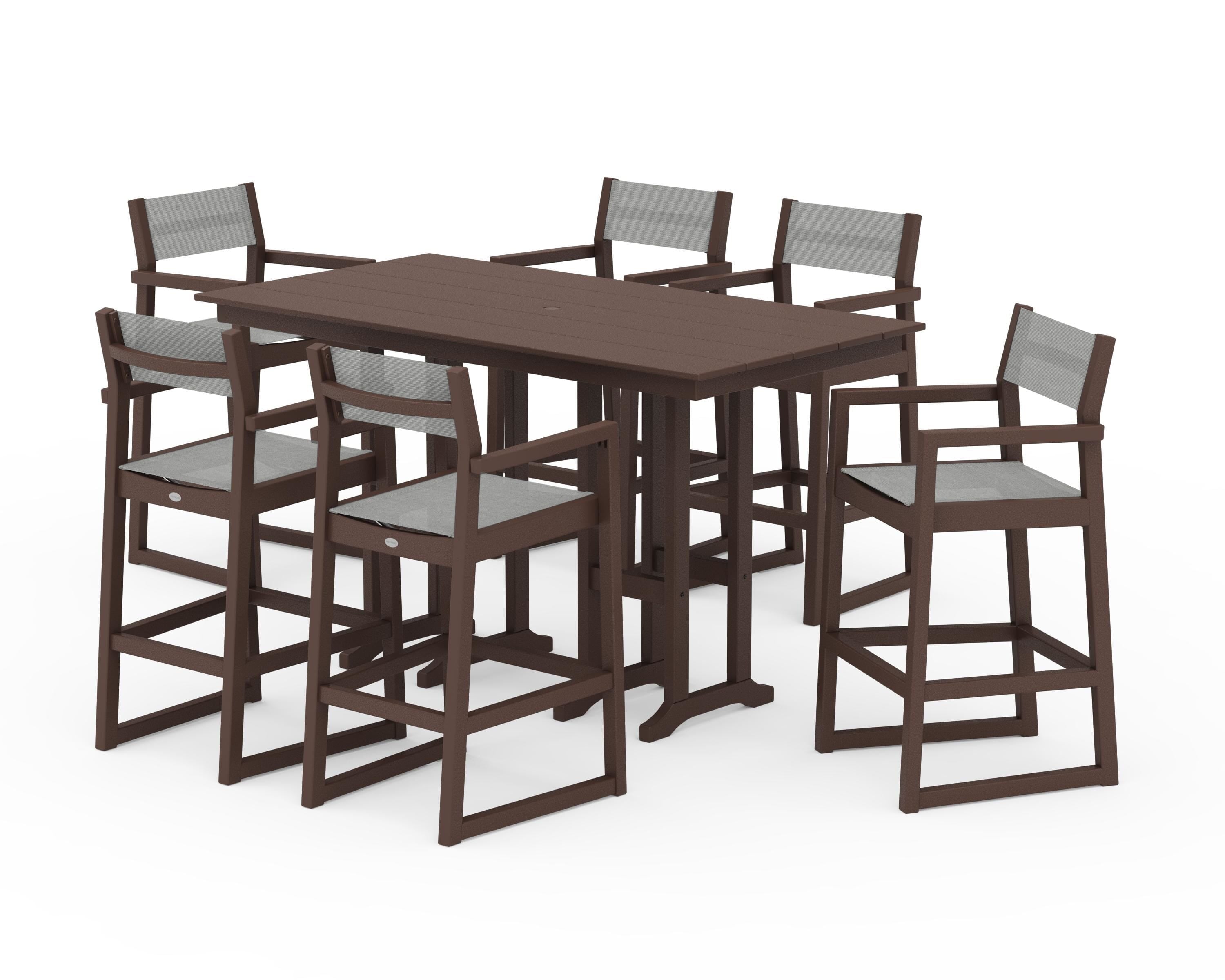 POLYWOOD® EDGE Sling Arm Chair 7-Piece Farmhouse Bar Set in Mahogany / Metallic Sling