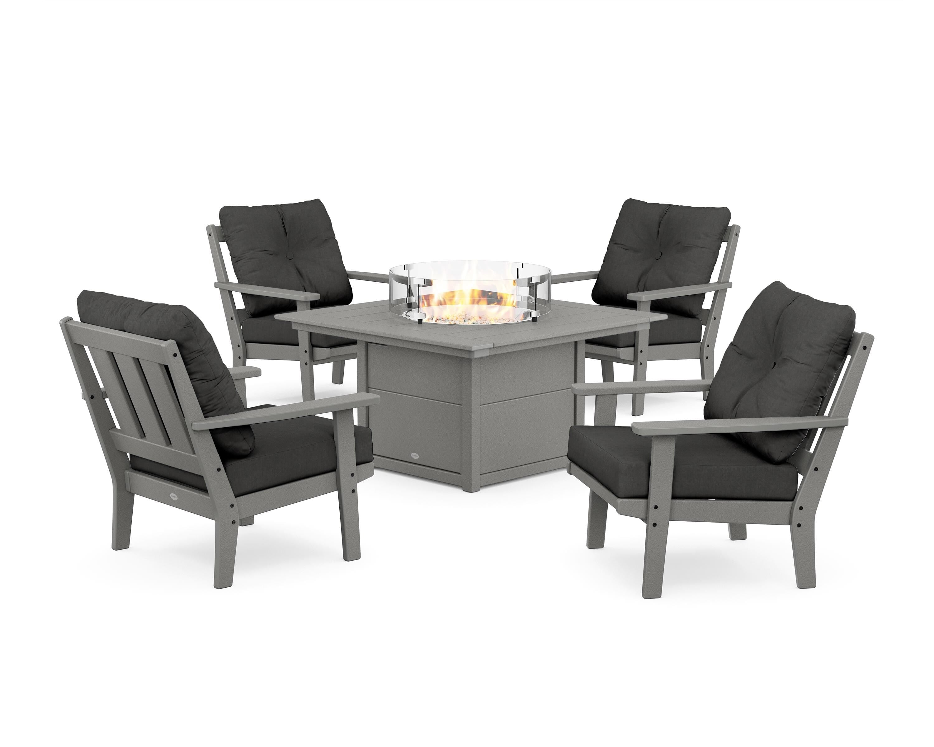 POLYWOOD® Oxford 5-Piece Deep Seating Set with Fire Pit Table in Slate Grey / Spectrum Carbon