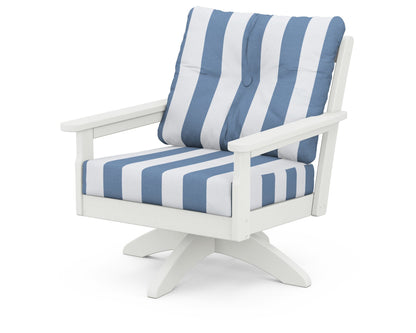 POLYWOOD® Vineyard Deep Seating Swivel Chair in Vintage White / Cabana Stripe Sky Blue