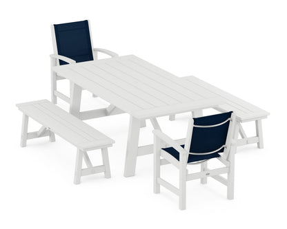 POLYWOOD® Coastal 5-Piece Rustic Farmhouse Dining Set With Benches in White / Navy Blue Sling