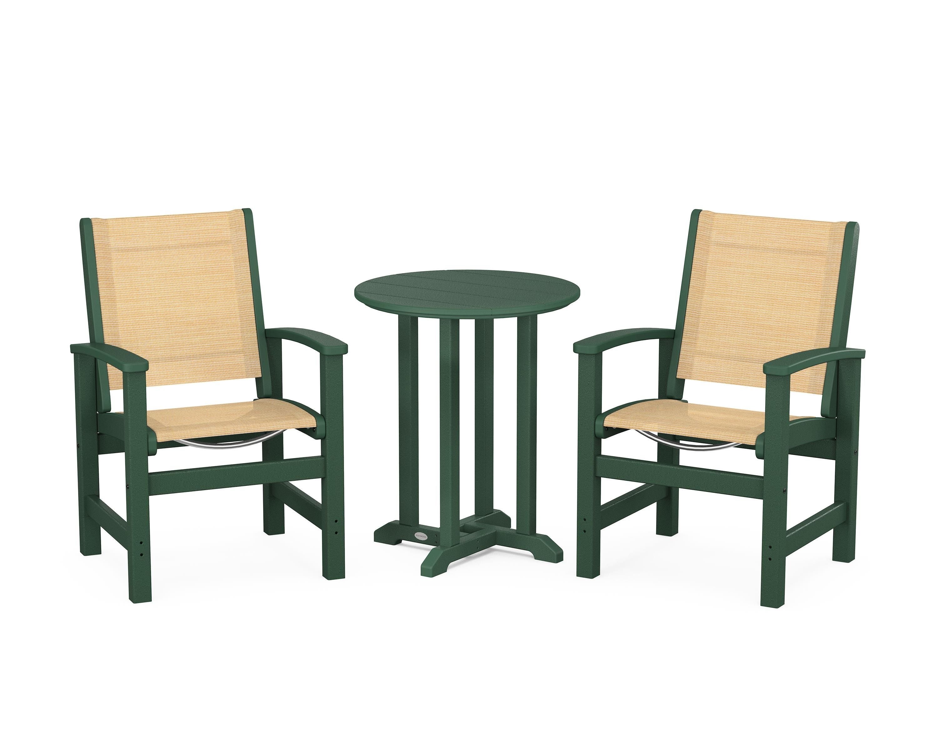 POLYWOOD® Coastal 3-Piece Round Bistro Dining Set in Green / Dupioni Apricot Sling