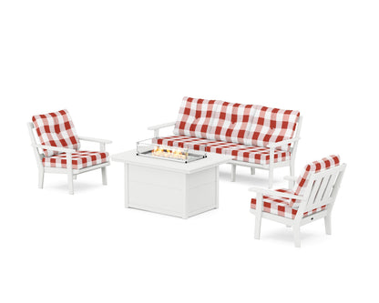 POLYWOOD® Oxford Deep Seating Fire Pit Table Set in White / Buffalo Plaid Crimson