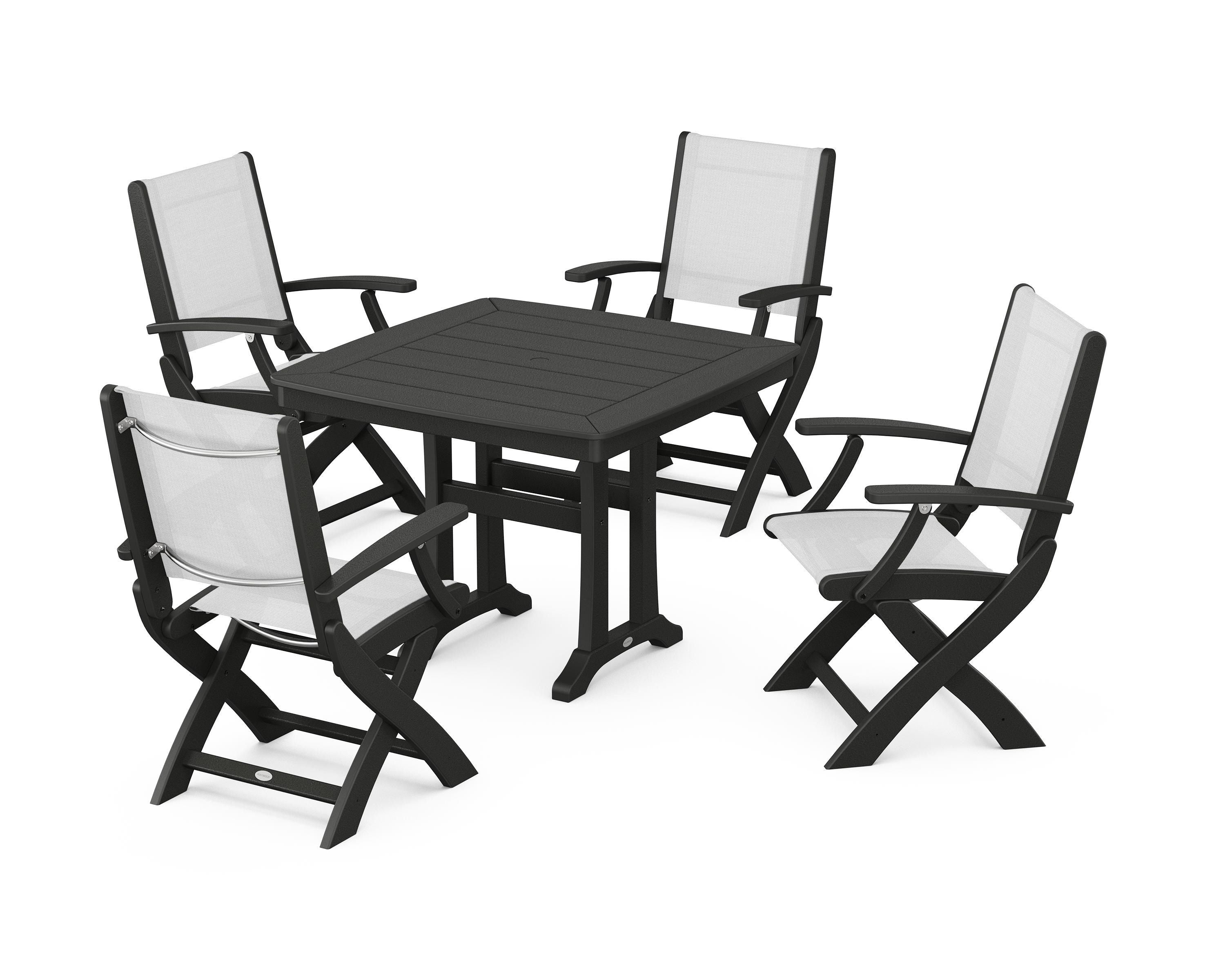 POLYWOOD® Coastal Folding Chair 5-Piece Dining Set with Trestle Legs in Black / White Sling