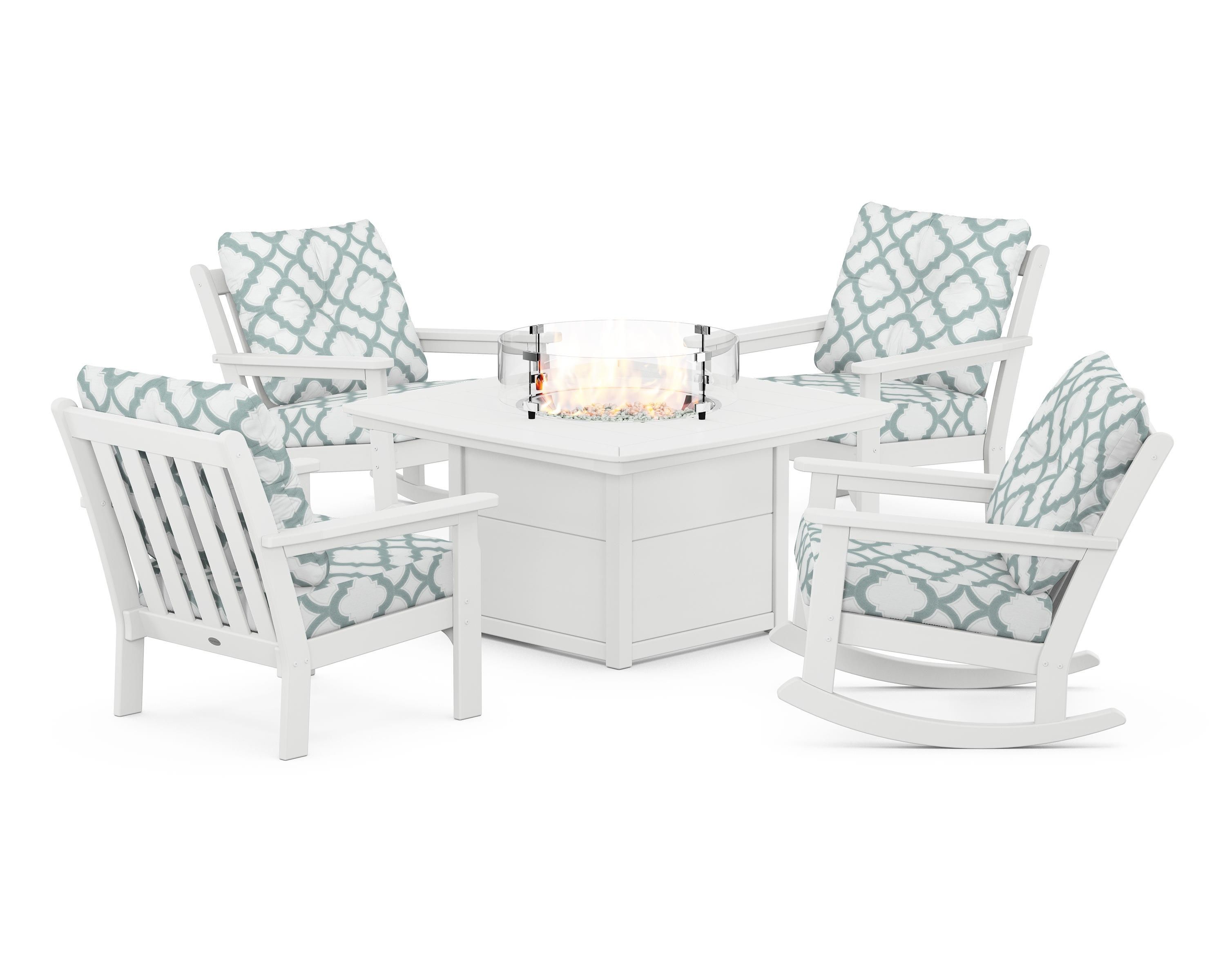 POLYWOOD® Vineyard 5-Piece Deep Seating Rocking Chair Conversation Set with Fire Pit Table in White / Trellis Glacier Spa