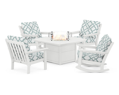POLYWOOD® Vineyard 5-Piece Deep Seating Rocking Chair Conversation Set with Fire Pit Table in White / Trellis Glacier Spa