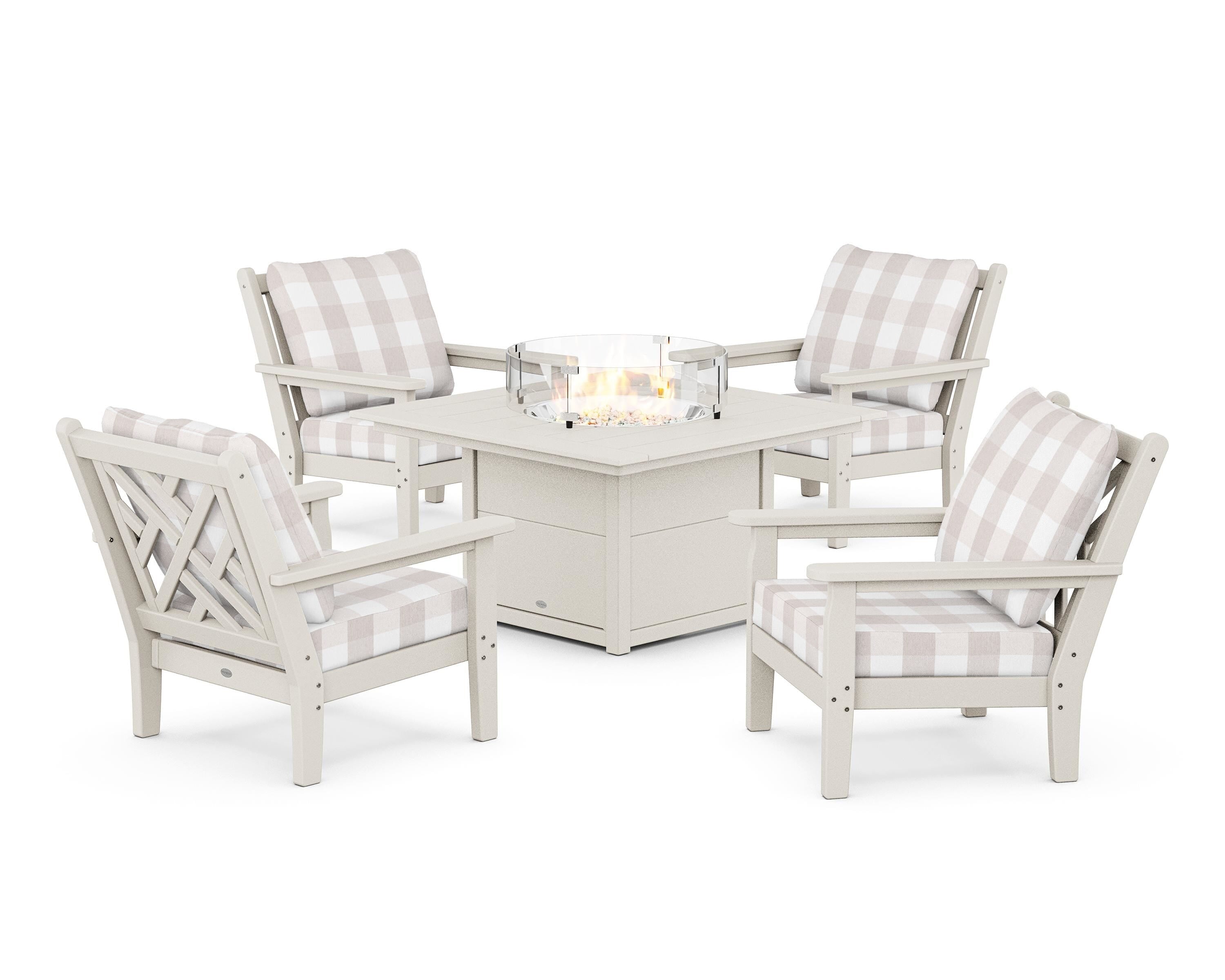 POLYWOOD® Chippendale 5-Piece Deep Seating Set with Fire Pit Table in Sand / Buffalo Plaid Dune Burlap