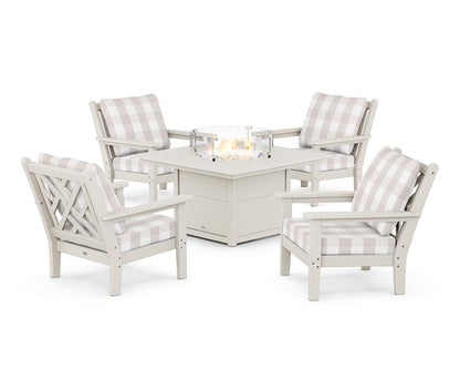 POLYWOOD® Chippendale 5-Piece Deep Seating Set with Fire Pit Table in Sand / Buffalo Plaid Dune Burlap