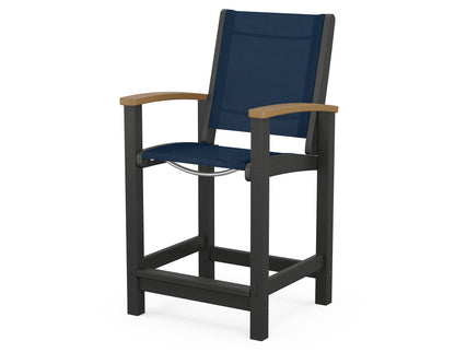 POLYWOOD® Coastal Counter Chair in Black / Natural / Navy Blue Sling