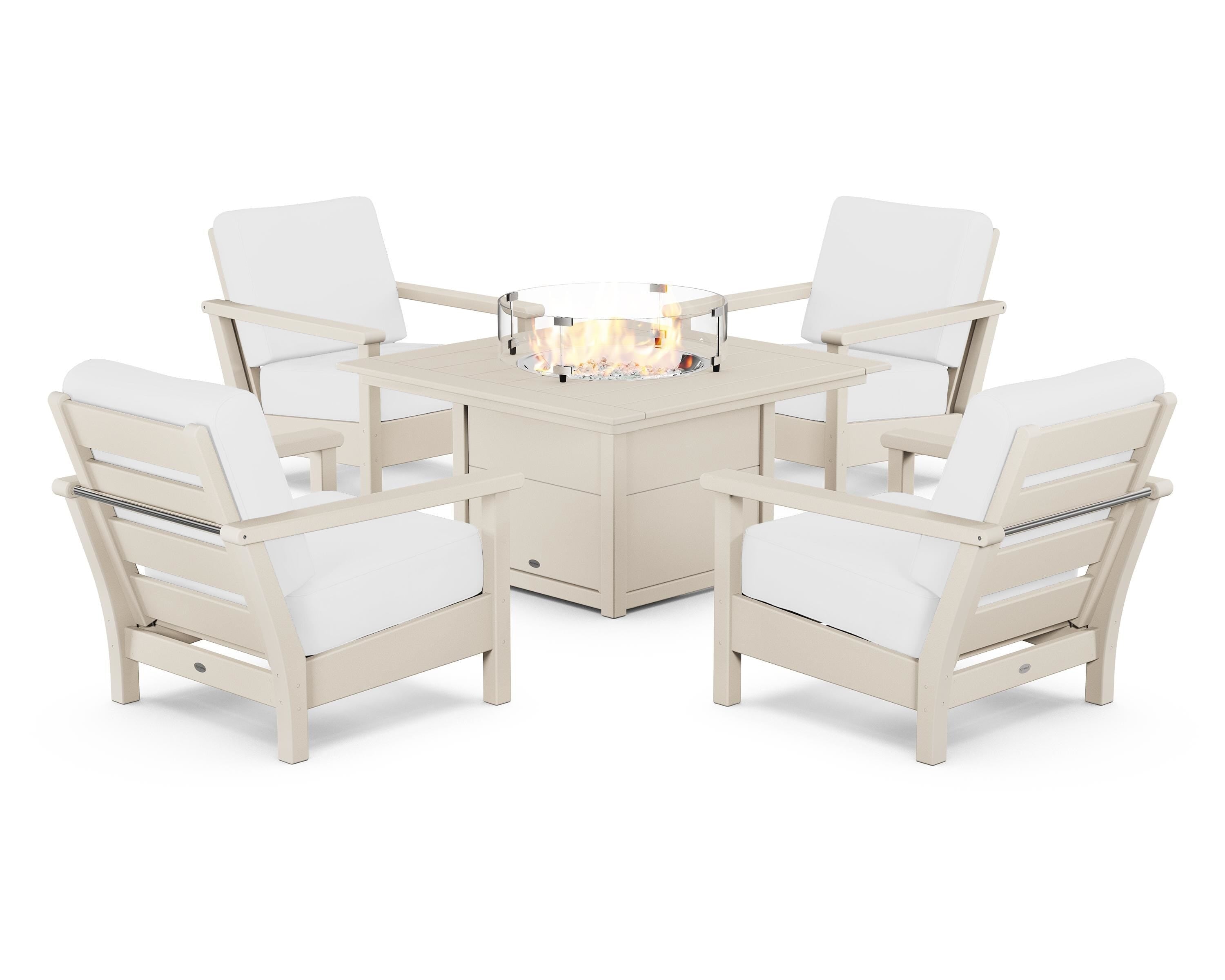 POLYWOOD® Harbour 5-Piece Conversation Set with Fire Pit Table in Sand / Natural