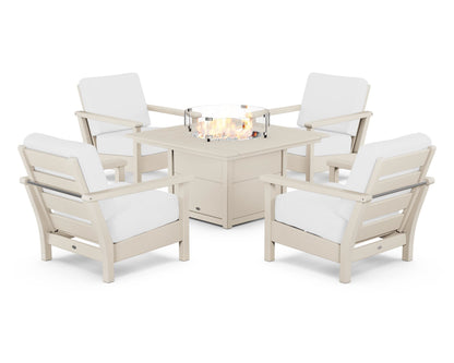 POLYWOOD® Harbour 5-Piece Conversation Set with Fire Pit Table in Sand / Natural