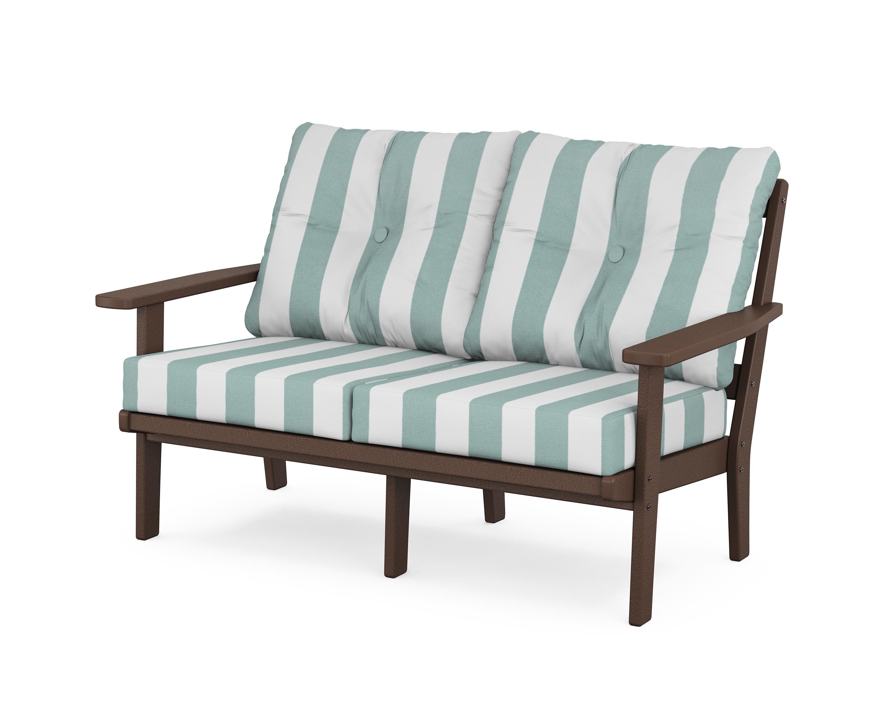 POLYWOOD® Oxford Deep Seating Loveseat in Mahogany / Cabana Stripe Glacier Spa