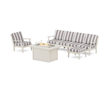 POLYWOOD® Braxton Sectional Lounge and Fire Pit Set in Sand / Cabana Stripe Grey Mist