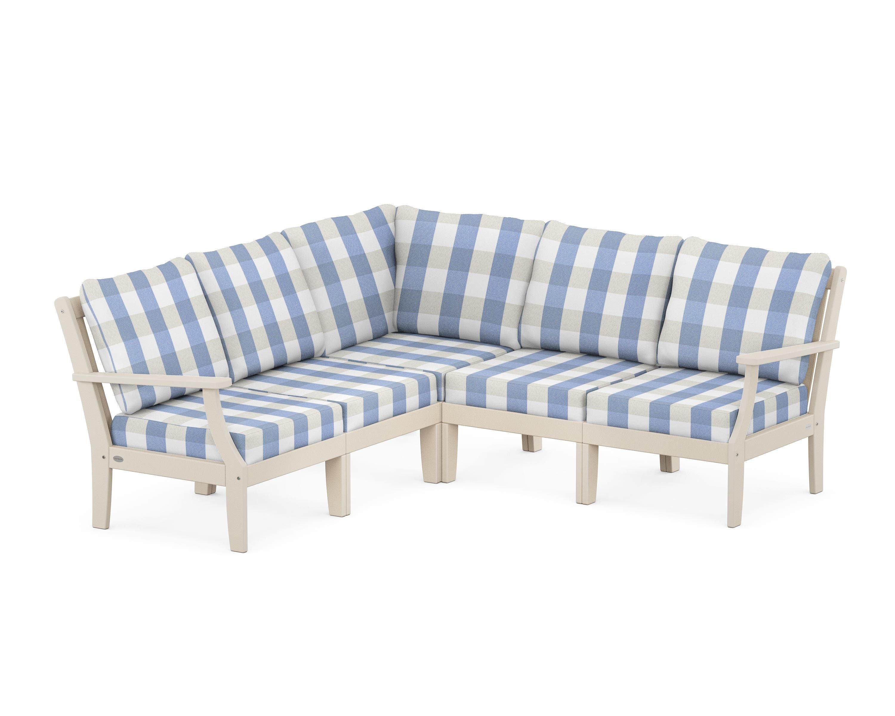 POLYWOOD® Braxton Modular 5-Piece Deep Seating Set in Sand / Buffalo Plaid Sky Blue