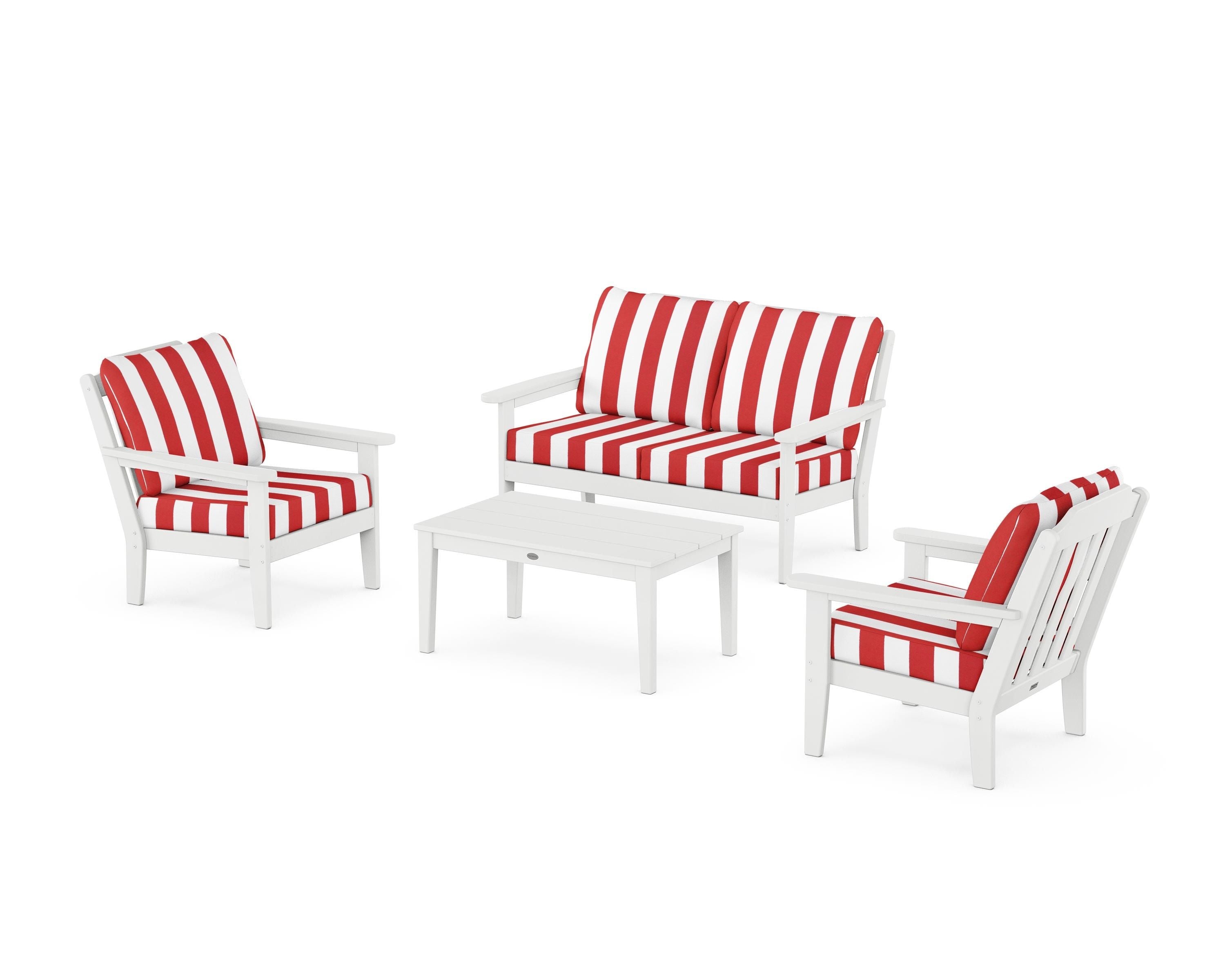 Country Living Cottage 4-Piece Deep Seating Set with Loveseat in White / Cabana Stripe Crimson