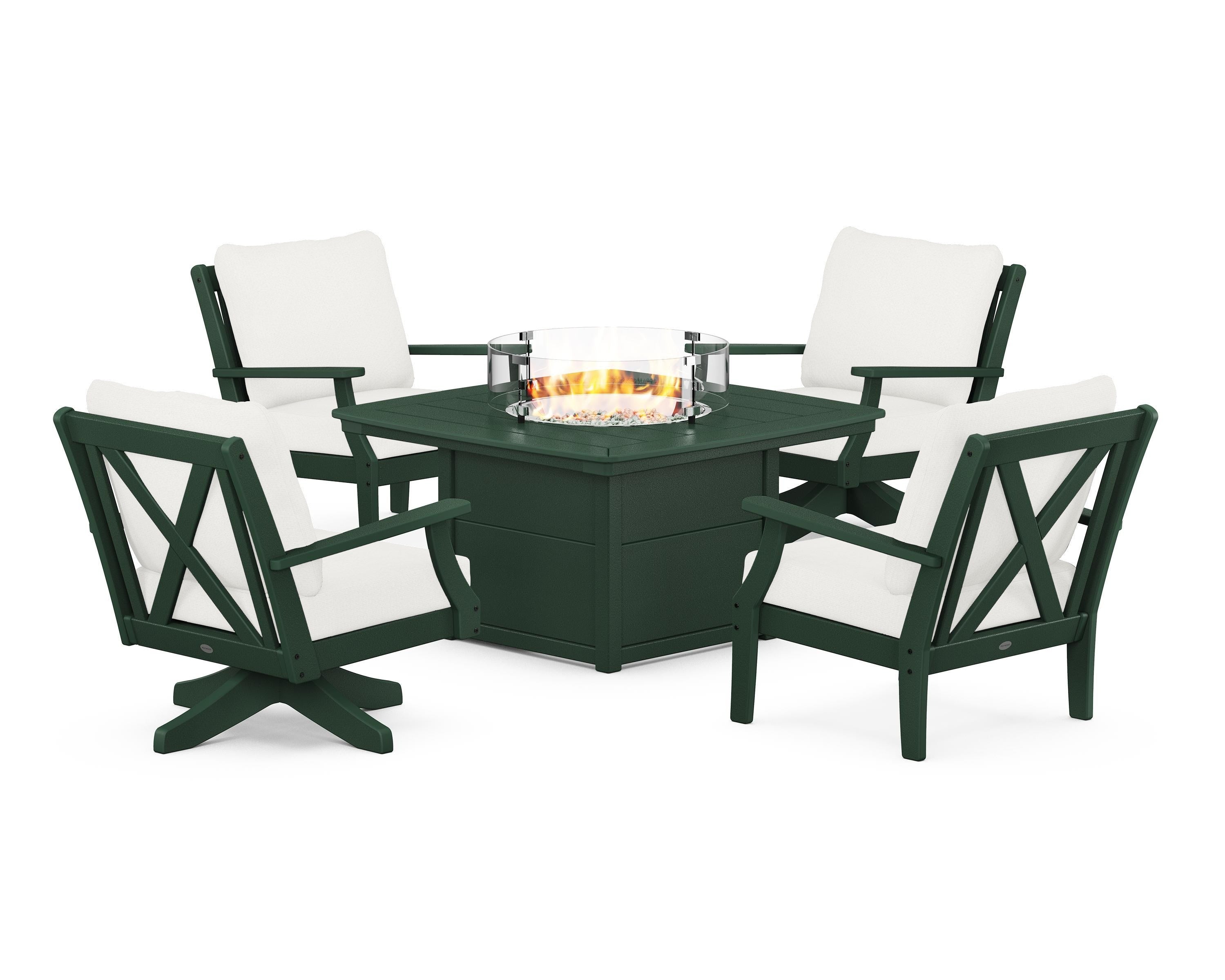 POLYWOOD® Braxton 5-Piece Deep Seating Set with Fire Table in Green / Natural Linen