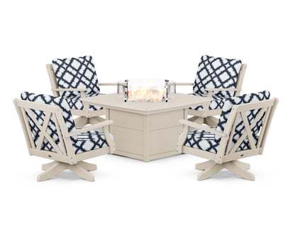 POLYWOOD® Braxton 5-Piece Deep Seating Swivel Conversation Set with Fire Pit Table in Sand / Trellis Marine Indigo
