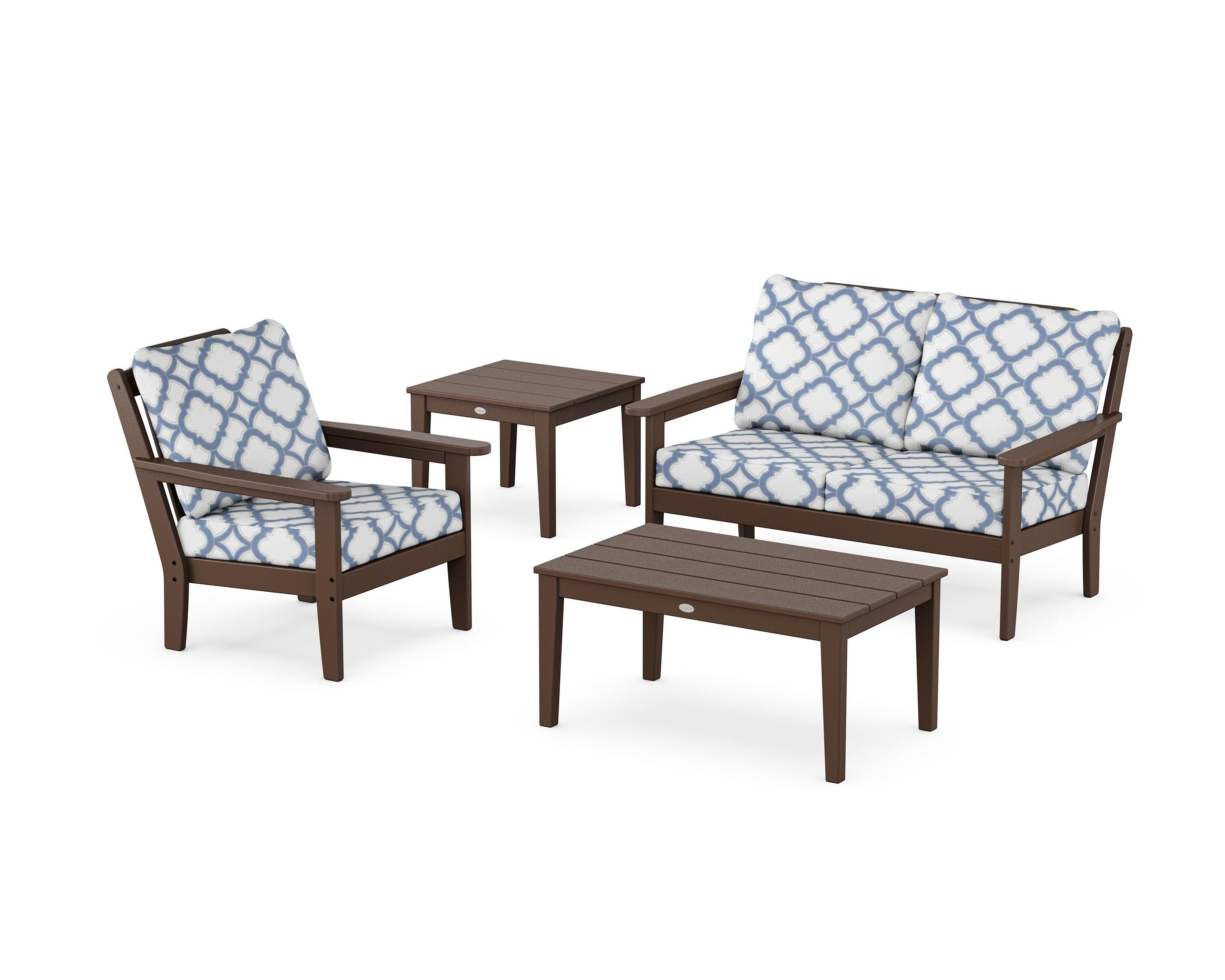 Country Living Wovendale 4-Piece Deep Seating Set in Mahogany / Trellis Sky Blue