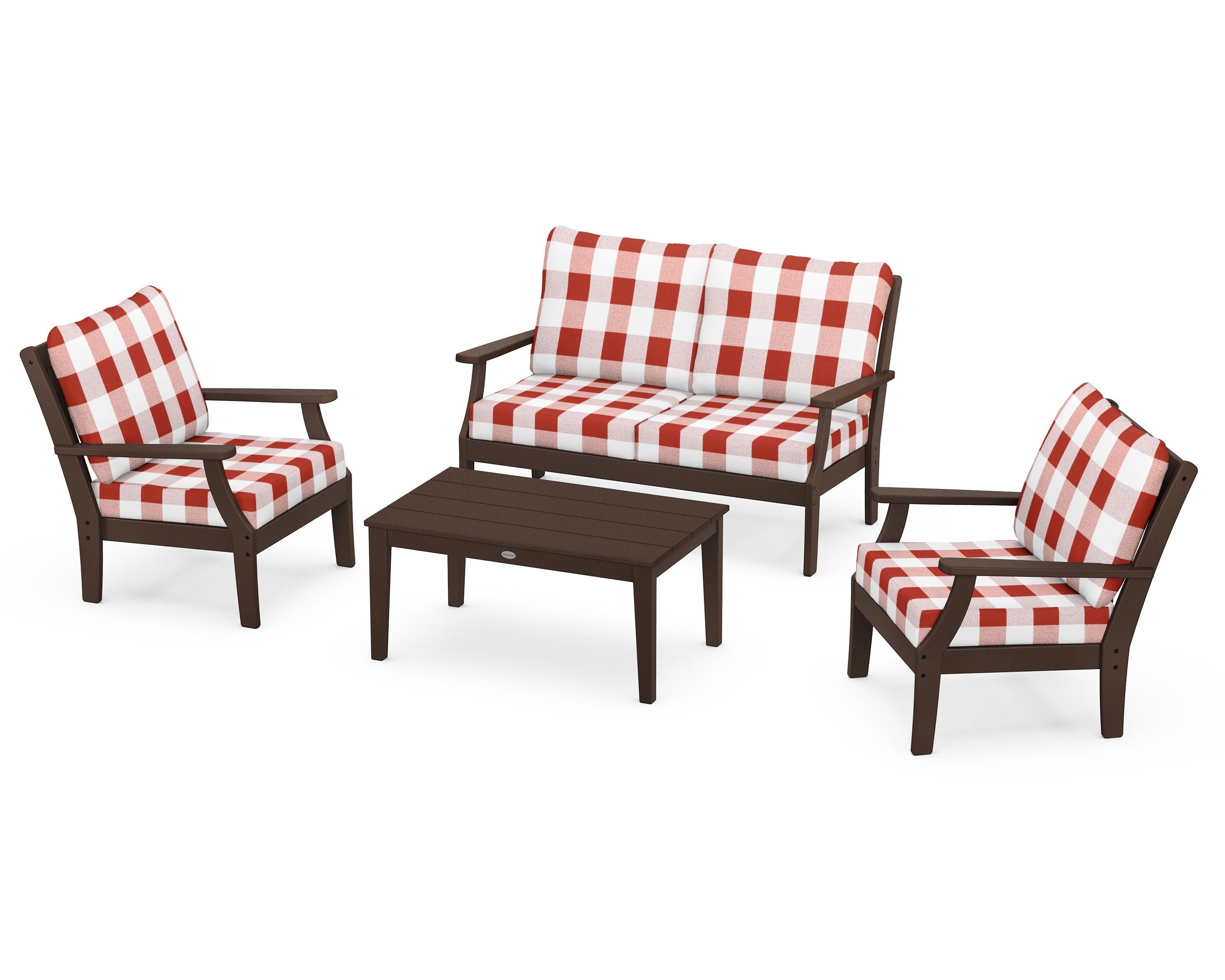 POLYWOOD® Braxton 4-Piece Deep Seating Chair Set in Mahogany / Buffalo Plaid Crimson