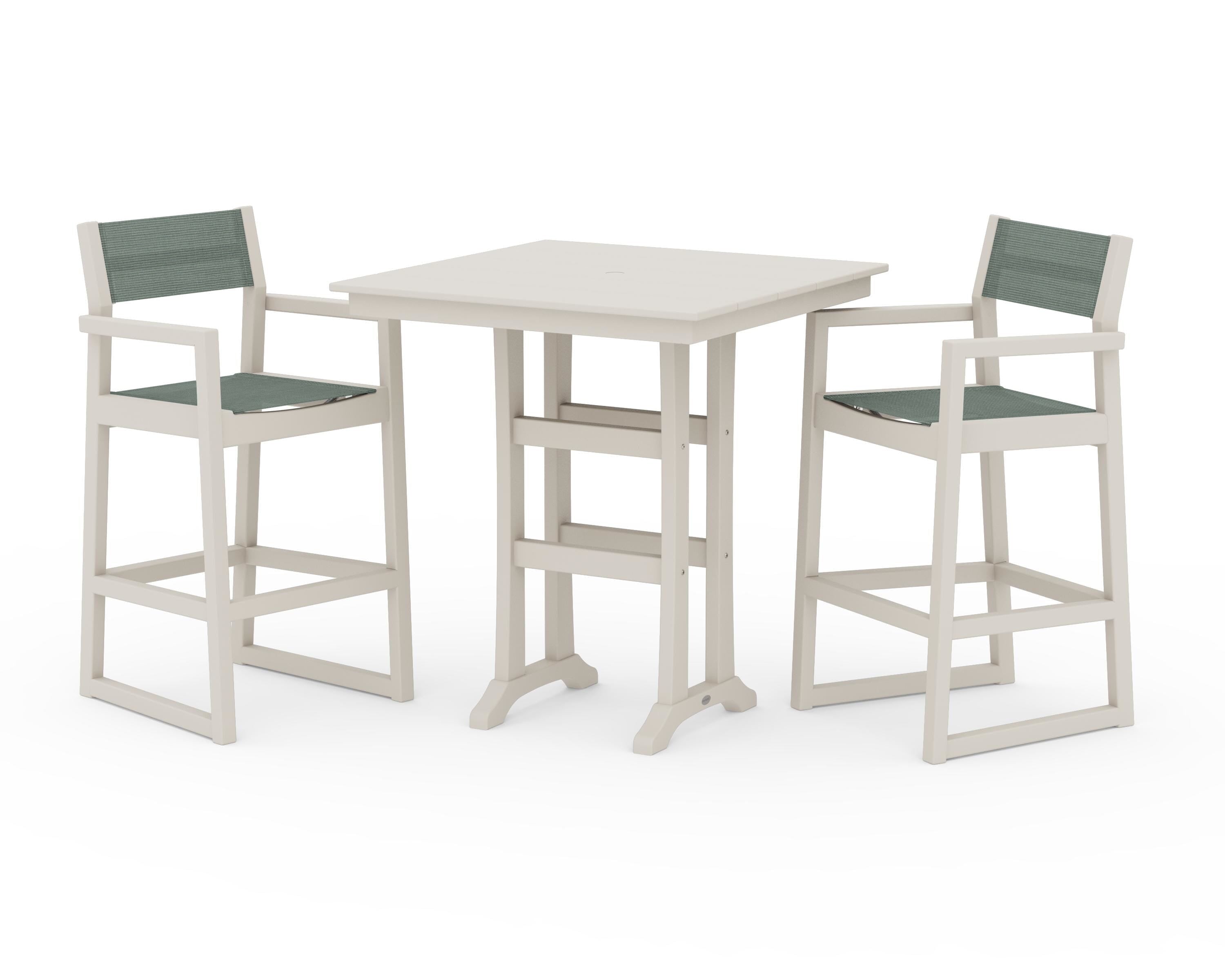 POLYWOOD® EDGE Sling Arm Chair 3-Piece Farmhouse Bar Set with Trestle Legs in Sand / Dupioni Sea Mist Sling