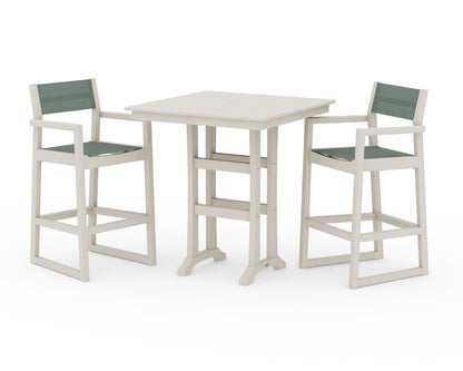 POLYWOOD® EDGE Sling Arm Chair 3-Piece Farmhouse Bar Set with Trestle Legs in Sand / Dupioni Sea Mist Sling