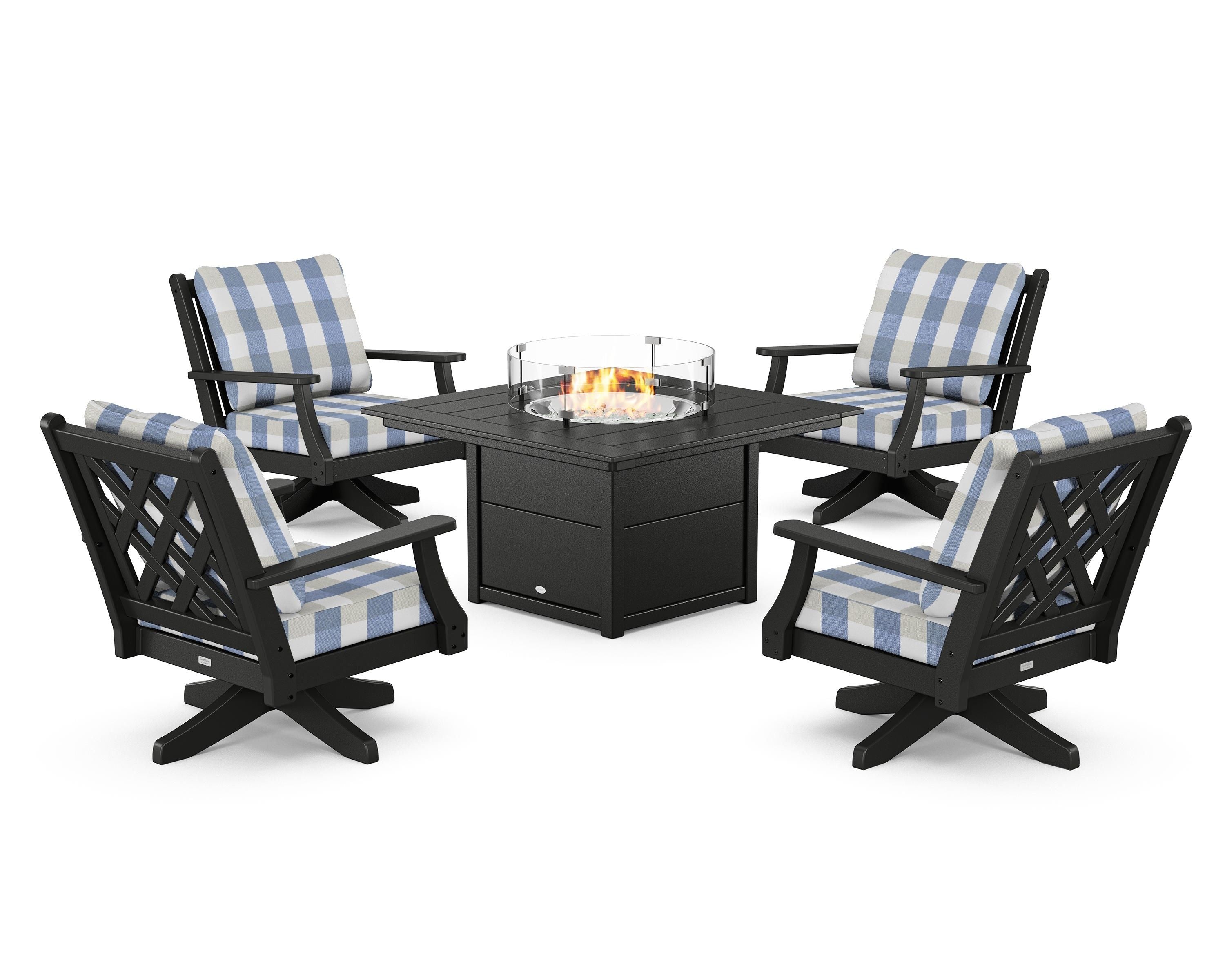 Country Living Wovendale 5-Piece Deep Seating Swivel Conversation Set with Fire Pit Table in Black / Buffalo Plaid Sky Blue