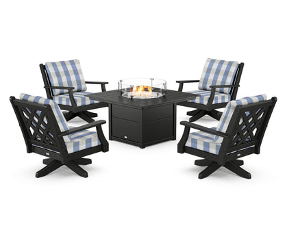 Country Living Wovendale 5-Piece Deep Seating Swivel Conversation Set with Fire Pit Table in Black / Buffalo Plaid Sky Blue