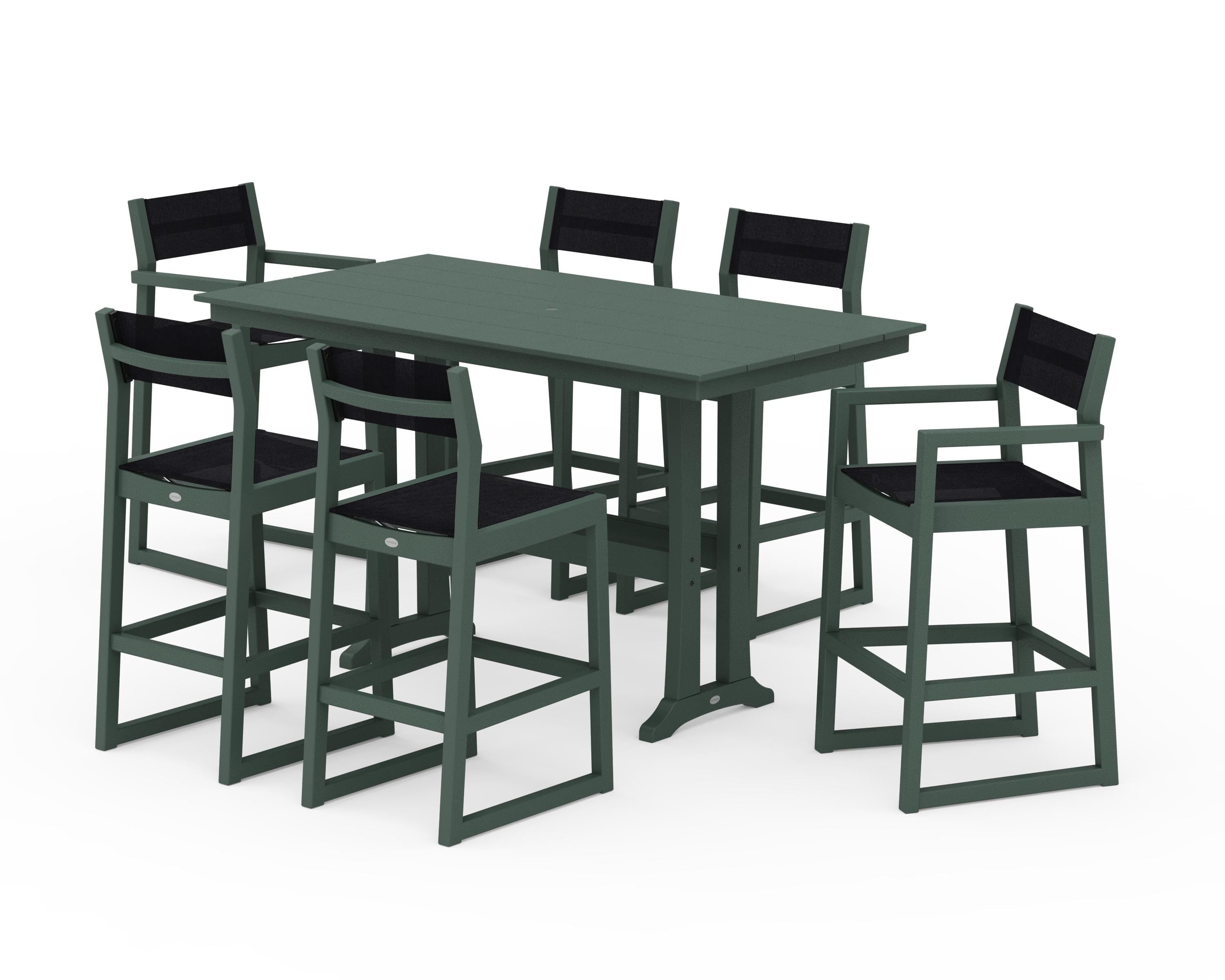 POLYWOOD® EDGE Sling 7-Piece Farmhouse Bar Set with Trestle Legs in Green / Black Sling