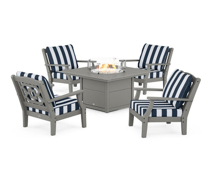 Martha Stewart by POLYWOOD® Chinoiserie 5-Piece Deep Seating Set with Fire Pit Table in Slate Grey / Cabana Stripe Marine Indigo