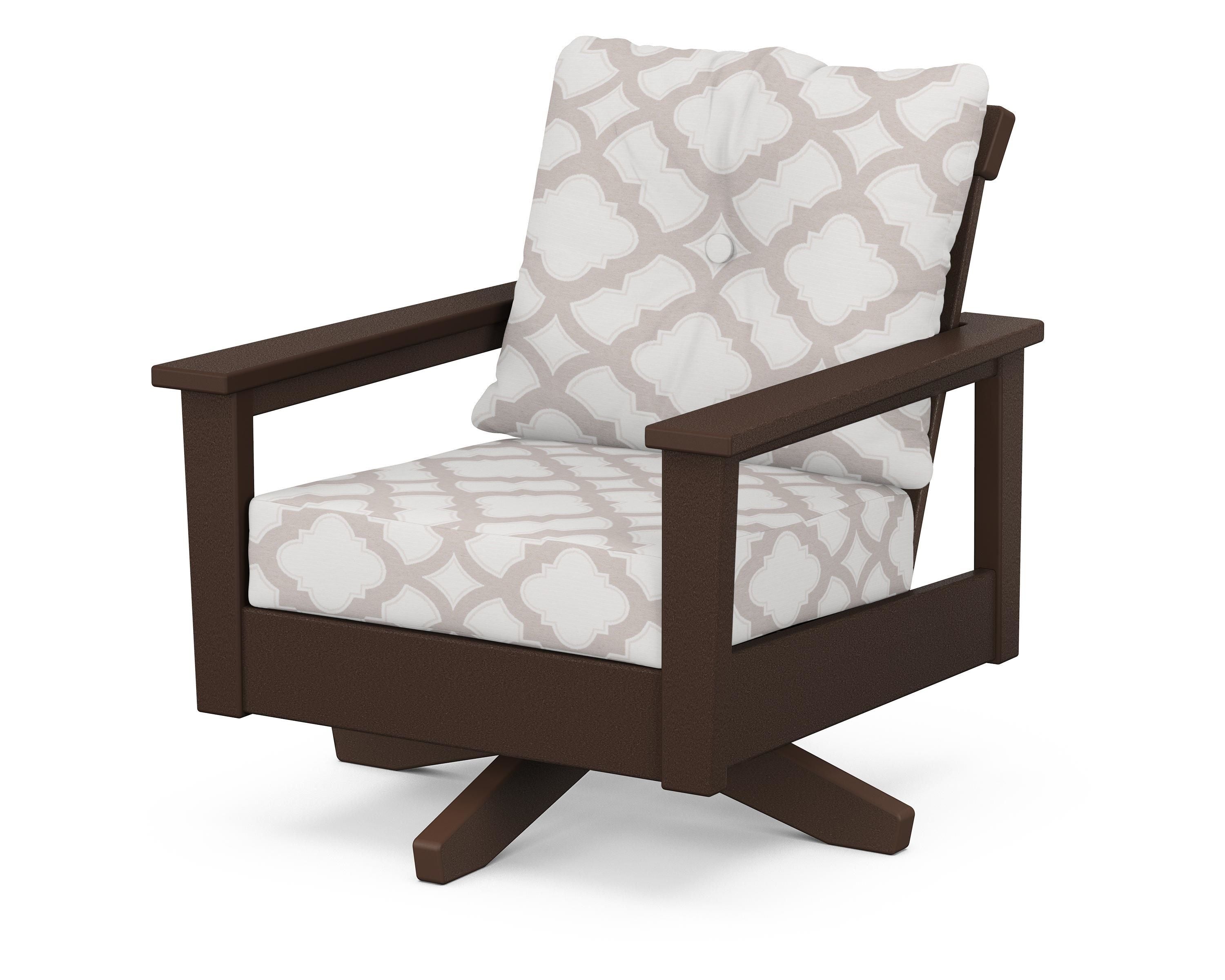 POLYWOOD® Prescott Deep Seating Swivel Chair in Mahogany / Trellis Dune Burlap