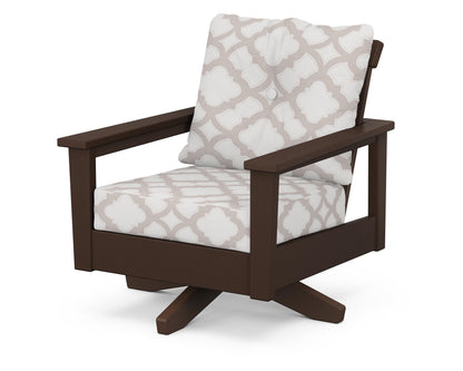 POLYWOOD® Prescott Deep Seating Swivel Chair in Mahogany / Trellis Dune Burlap