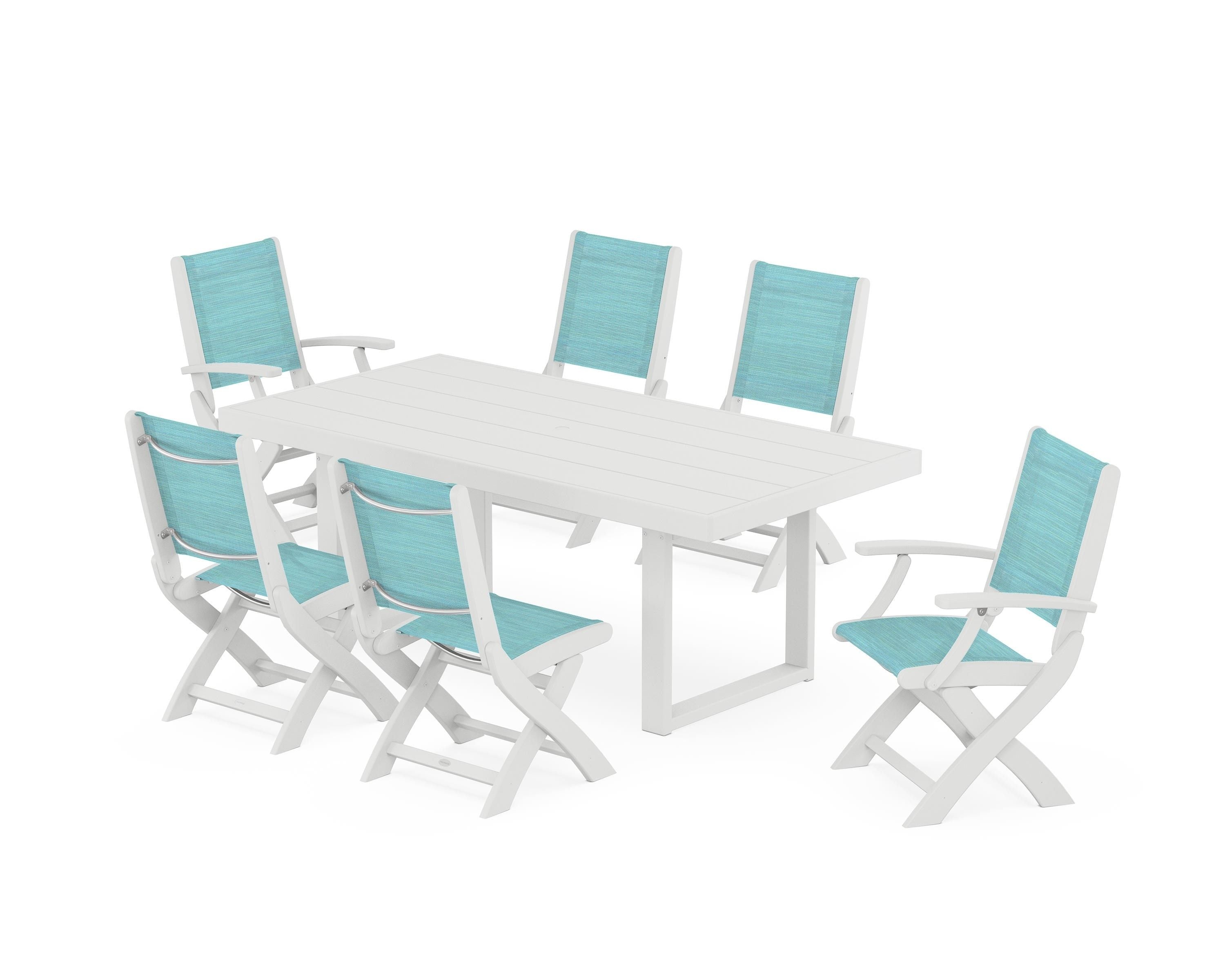 POLYWOOD® Coastal Folding Chair 7-Piece Dining Set with Trestle Legs in White / Dupioni Aquamarine Sling