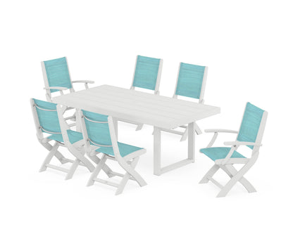 POLYWOOD® Coastal Folding Chair 7-Piece Dining Set with Trestle Legs in White / Dupioni Aquamarine Sling