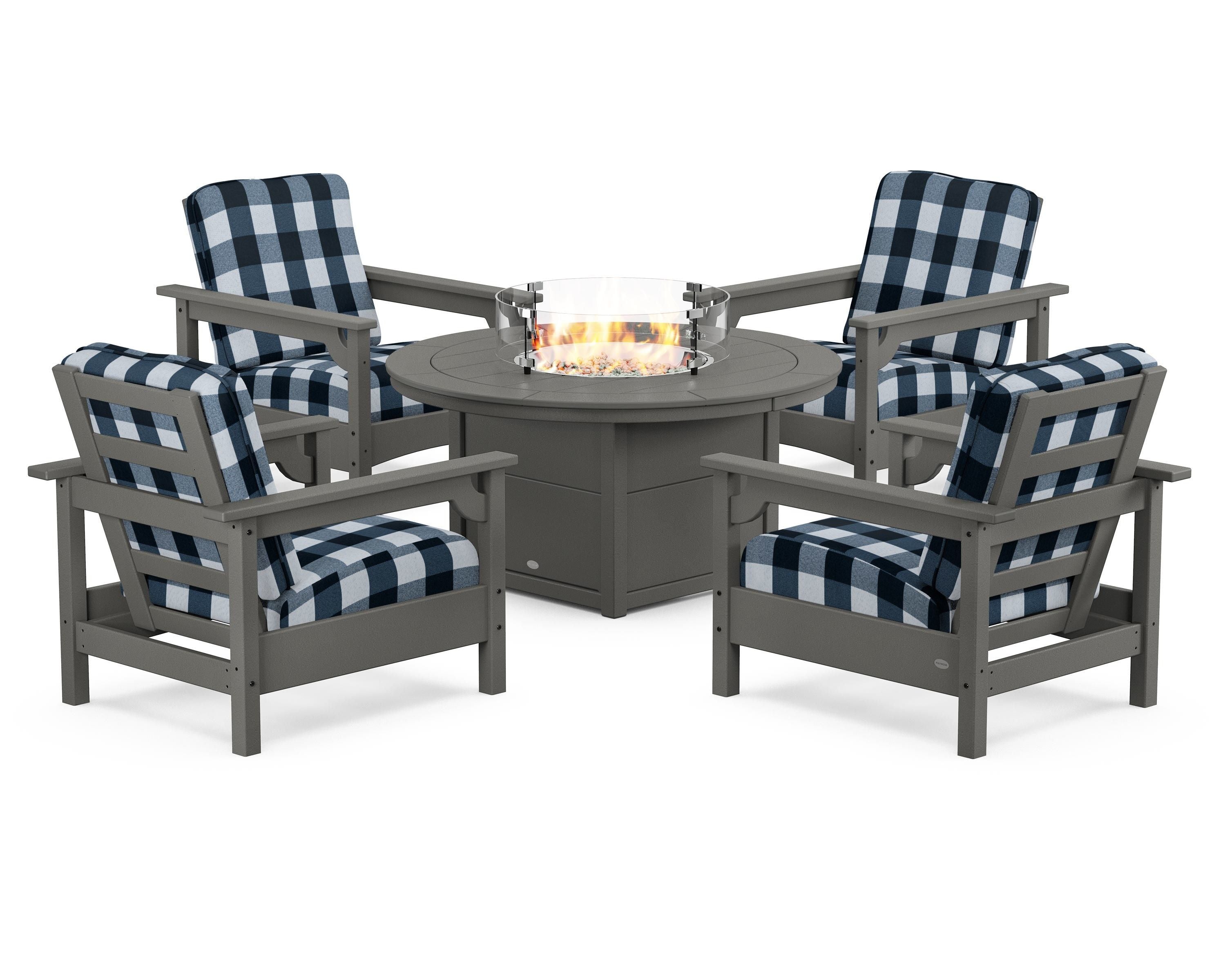 POLYWOOD® Club 5-Piece Conversation Set with Fire Pit Table in Slate Grey / Buffalo Plaid Marine Indigo