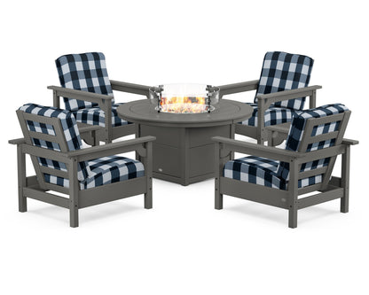 POLYWOOD® Club 5-Piece Conversation Set with Fire Pit Table in Slate Grey / Buffalo Plaid Marine Indigo