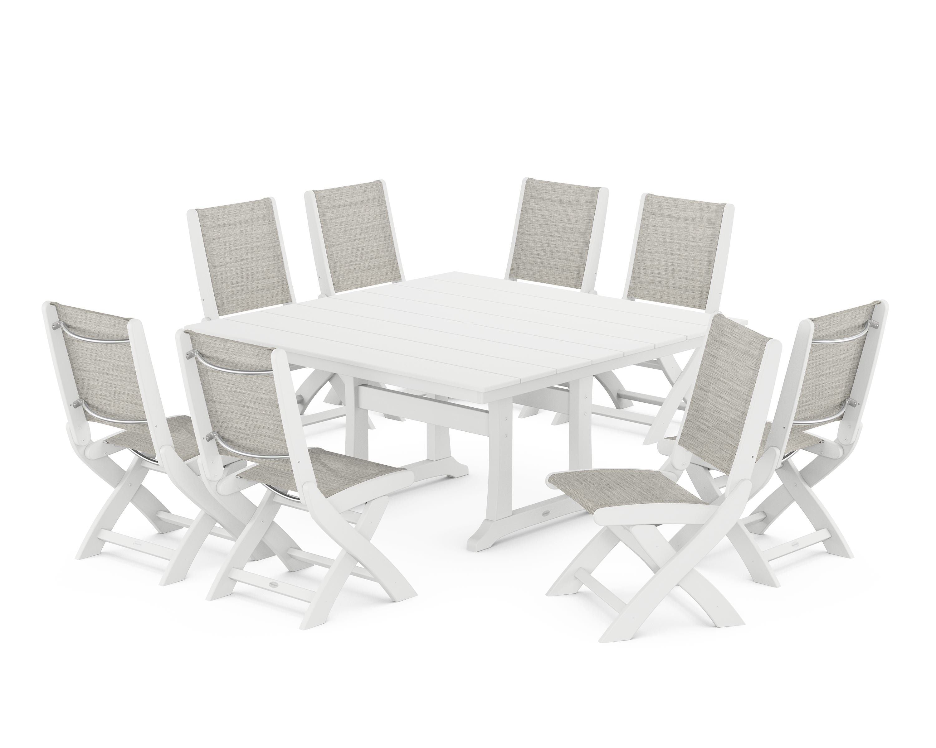 POLYWOOD® Coastal Folding Side Chair 9-Piece Farmhouse Dining Set in White / Birch Sling