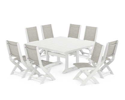 POLYWOOD® Coastal Folding Side Chair 9-Piece Farmhouse Dining Set in White / Birch Sling