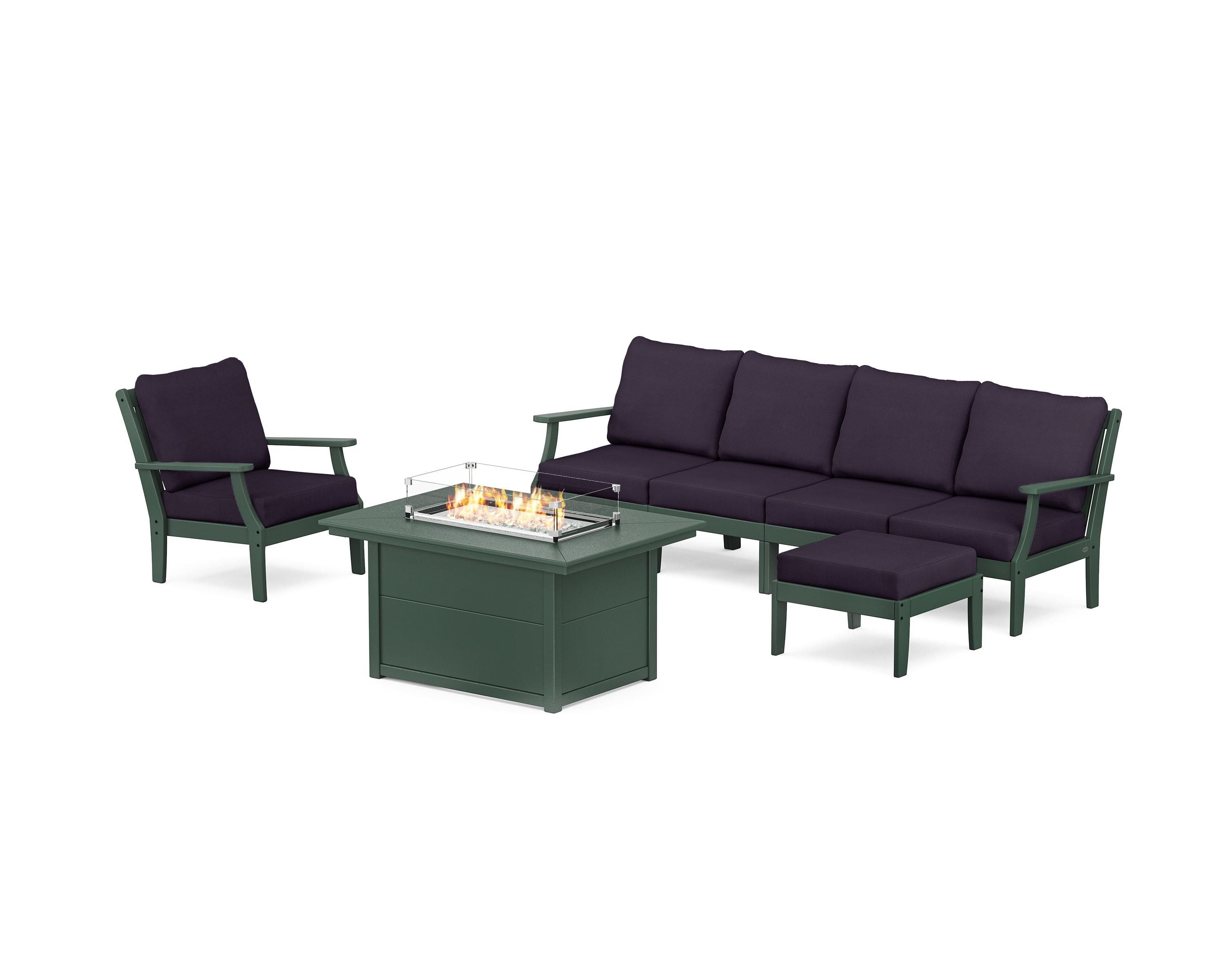 POLYWOOD® Braxton Sectional Lounge and Fire Pit Set in Green / Navy Linen
