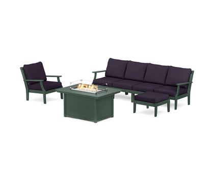 POLYWOOD® Braxton Sectional Lounge and Fire Pit Set in Green / Navy Linen