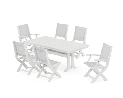 POLYWOOD® Coastal Folding Chair 7-Piece Farmhouse Dining Set with Trestle Legs in White / White Sling