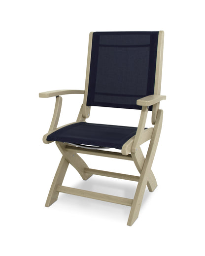 POLYWOOD® Coastal Folding Chair in Sand / Navy Blue Sling