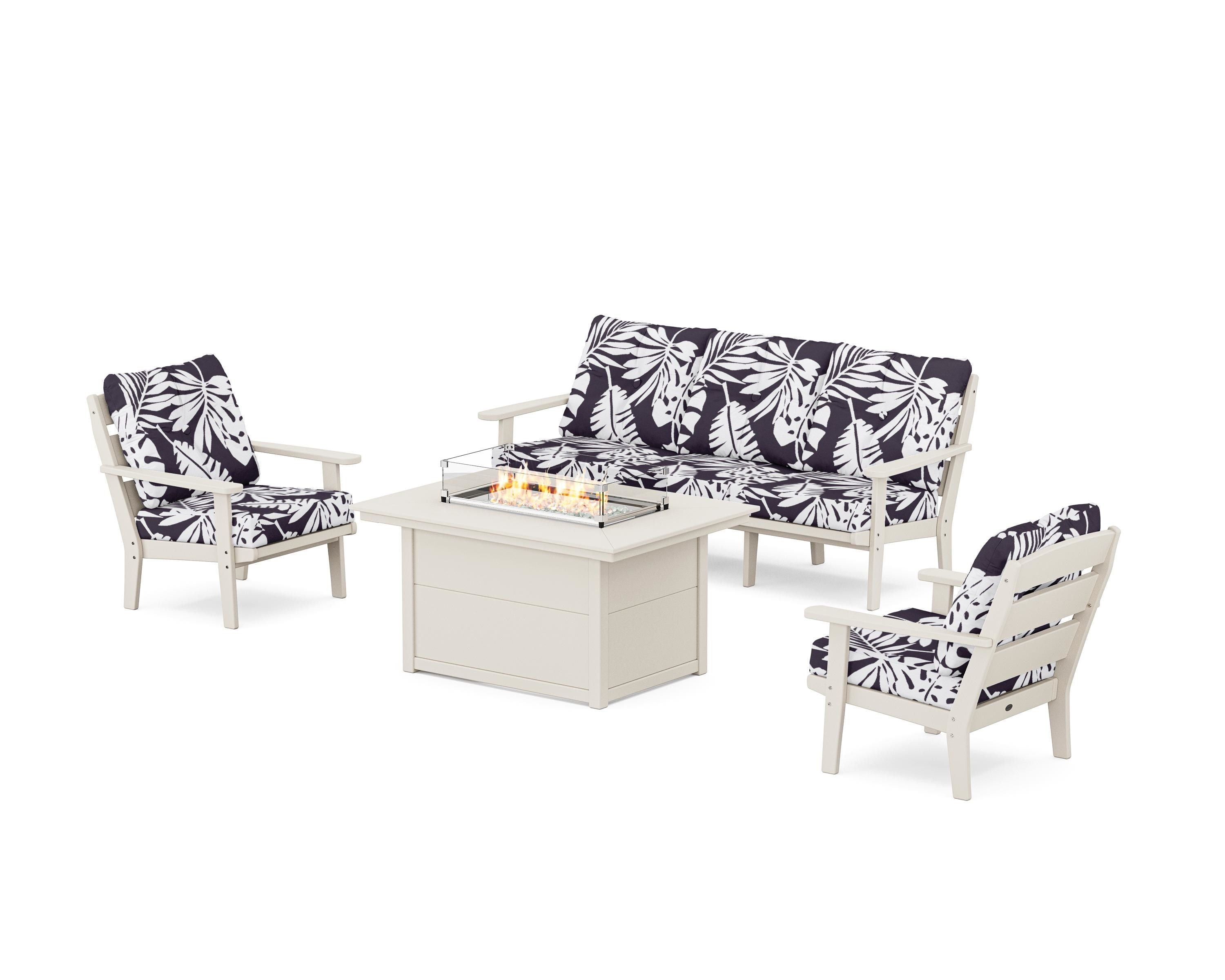 POLYWOOD® Lakeside Deep Seating Fire Pit Table Set in Sand / Leaf Navy
