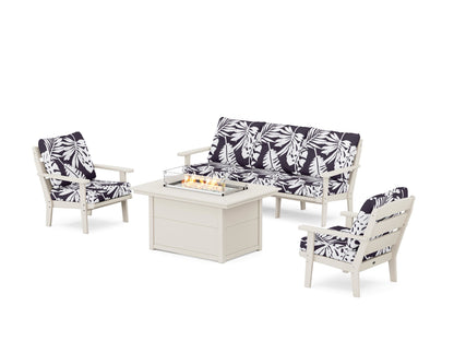 POLYWOOD® Lakeside Deep Seating Fire Pit Table Set in Sand / Leaf Navy